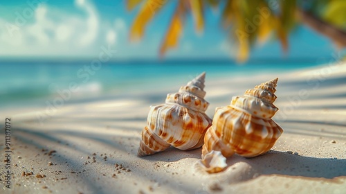 Fototapeta Naklejka Na Ścianę i Meble -  Two beautiful sea shells on sandy tropical beach by the ocean with clear blue sea and sky in background. Generative Ai