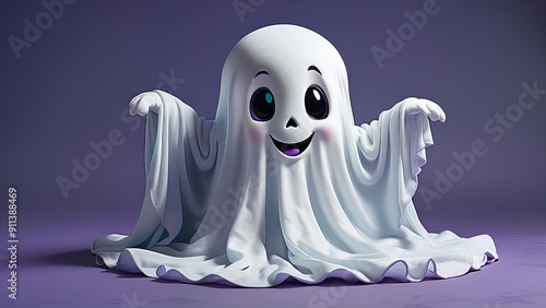 a white ghost with a smiley face on it sits on a purple background.