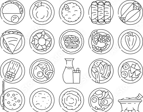 mexican cuisine dinner food icons set vector. table chili, salsa meal, lunch tortilla, pepper mexico, tomato, vegetable restaurant mexican cuisine dinner food black contour illustrations