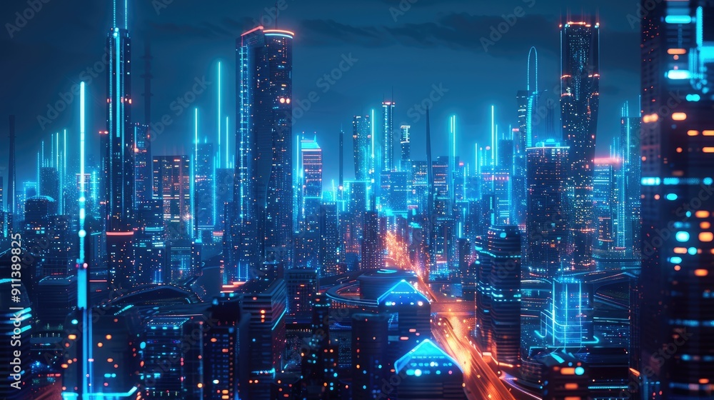 Future infrastructure of smart night cities Blue neon color. Metaverse connection. Big data city sign.
Future infrastructure of smart night cities Blue neon color. Metaverse connection. Big data city sign.