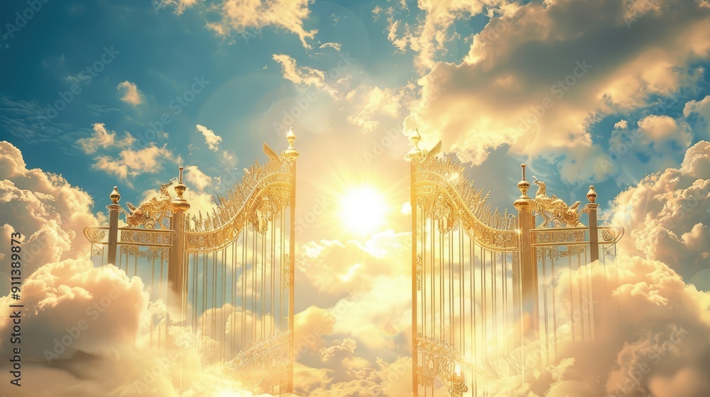 Fototapeta premium Golden pearl gate of heaven with sun and clouds
