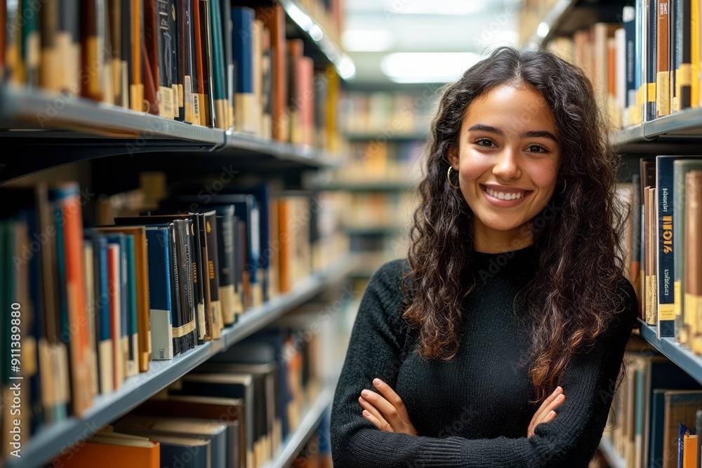 Beautiful student girl smiling with arms folded in a library Beautiful student girl smiling with arms folded in a library