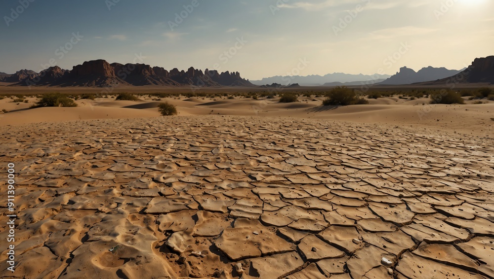 Fototapeta premium A desert scene with cracked, dry earth in the foreground, and mountains in the distance.