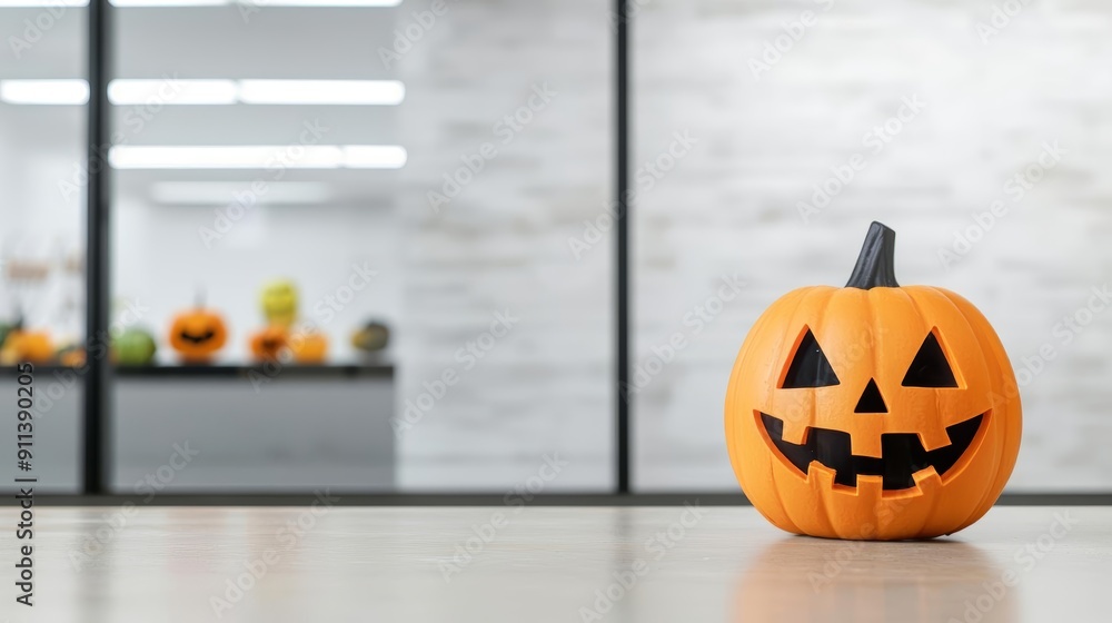 Office window displays featuring Halloween decorations and business promotional materials Office window displays featuring Halloween decorations and business promotional materials
