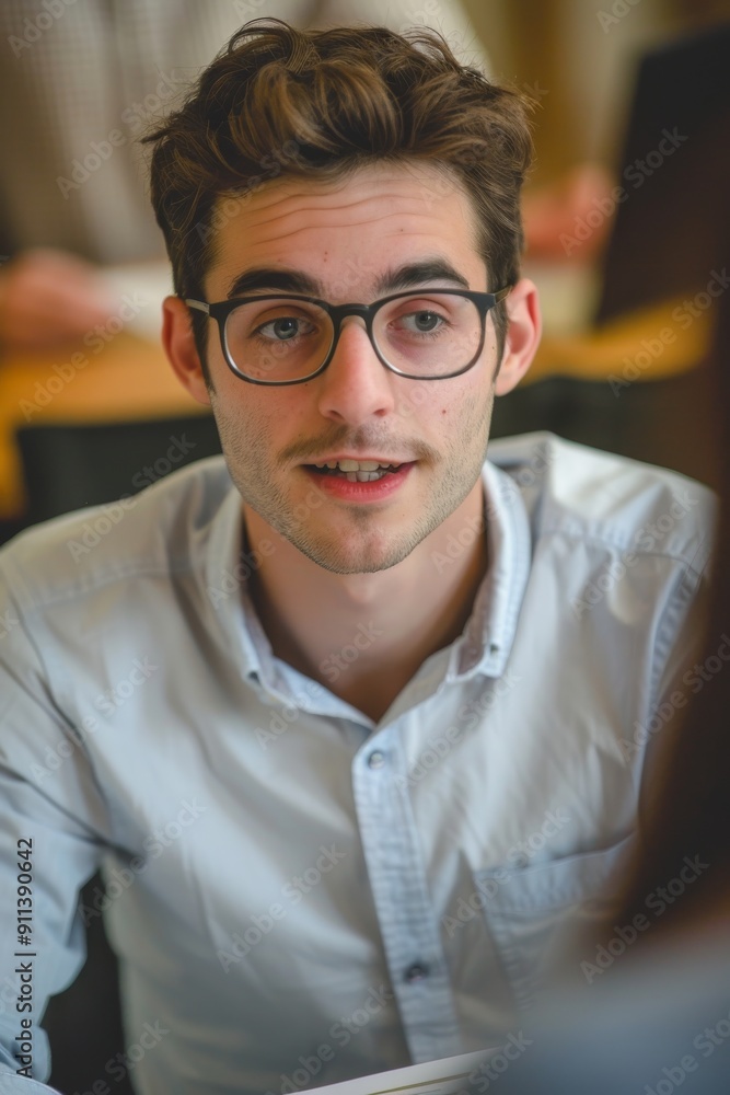 Young Man with Glasses in Casual Shirt Having a Conversation Young Man with Glasses in Casual Shirt Having a Conversation