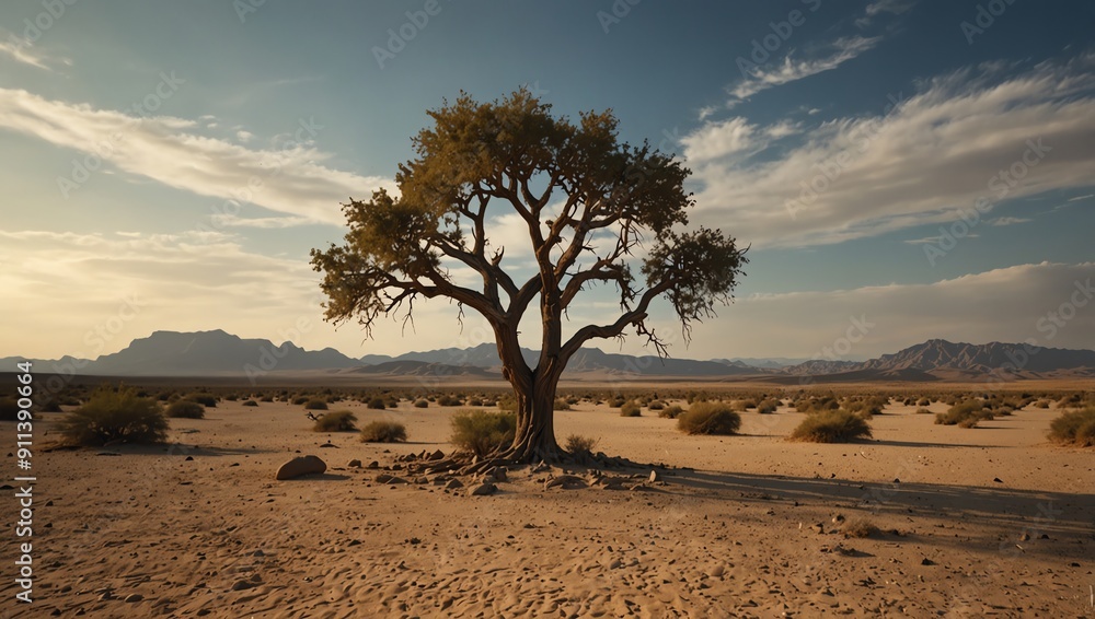 A single tree stands tall in a desert landscape, with mountains in the background A single tree stands tall in a desert landscape, with mountains in the background