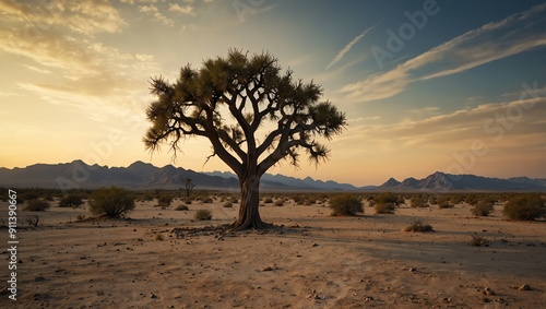 A single, large tree stands in a desert landscape, with mountains in the distance