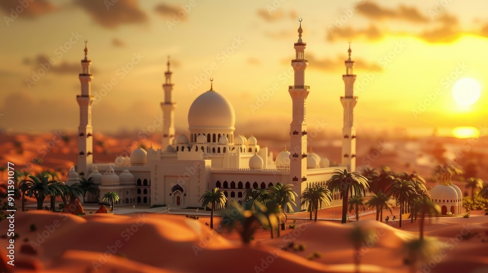 Naklejka premium A miniature model of the Grand Mosque at sunset.
