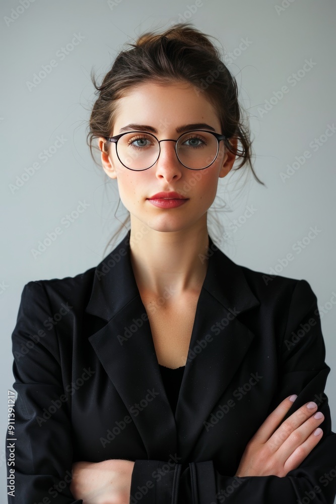 Confident Young Woman in Black Blazer with Glasses Standing Confident Young Woman in Black Blazer with Glasses Standing