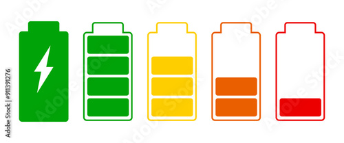 Battery Status Icons, ed, Green, Yellow color, Power Charging symbol, Electricity energy percentage, Capacity, Volt,, Cell, Low Battery, Full Battery illustration, Vector stock (Editable)