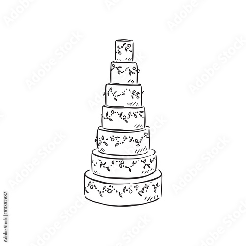 A seven tier wedding cake finished with florals and fondant icing. Black and white illustration line drawing, created by hand as a vector.