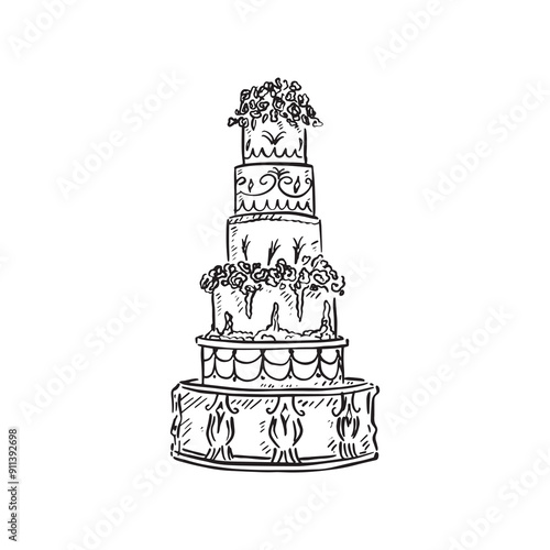 A heavily decorated six tier wedding cake finished with florals and fondant icing. Black and white illustration line drawing, created by hand as a vector.