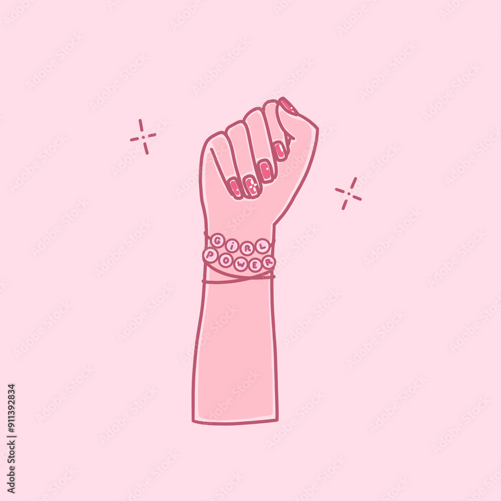 Obraz premium Girl Power Feminist Fist, March, Protest, Future Is Female, Hand Up, Girl Fist Symbol Illustration, Pink Background