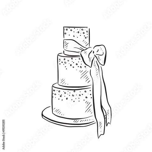 A three tier wedding cake with snow elements, baked and finished with fondant icing and a ribbon on the right hand side. Drawn by hand in black and white line. Vector. Cook, chef, pastry chef.