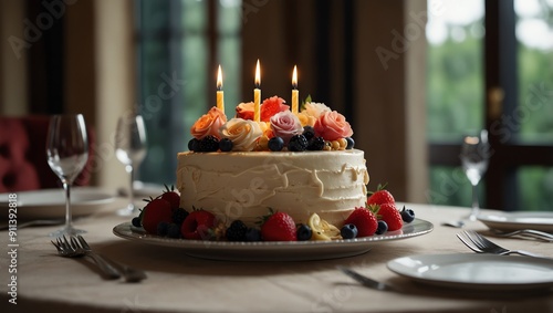 A white cake with three lit candles, decorated with flowers and berries, 