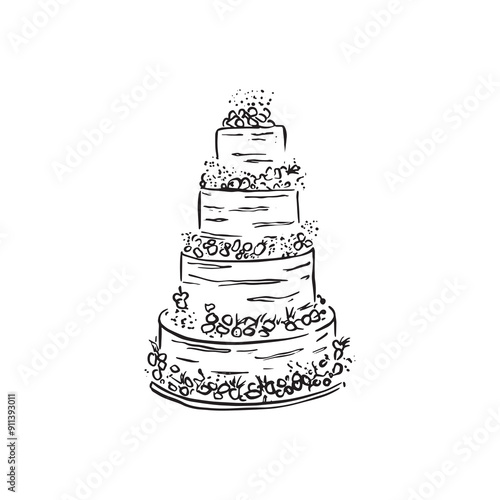 A semi naked four tier wedding cake decorated with dried fruit and flowers. Drawn by hand in black and white line. Vectorised dessert.