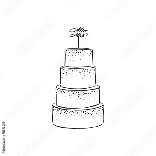 A four tier wedding cake with snow elements and topped with 'Mr and Mrs', baked and finished with fondant icing. Drawn by hand in black and white line. Vector. Cook, chef, pastry chef.