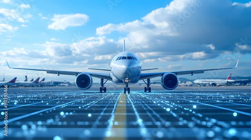 An advanced airport with a horizon grid line highlighting its technological infrastructure and modern features