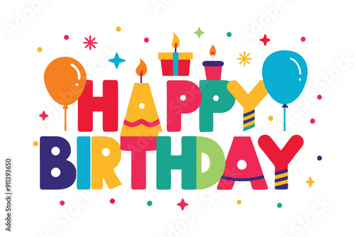 Colorful Happy Birthday typography vector illustration for kids' birthday card design.