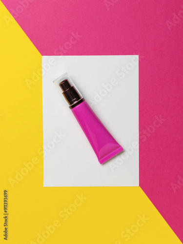 Pink Cosmetic Tube on Geometric Yellow and Pink Background - Skincare, Beauty, Minimalist Design