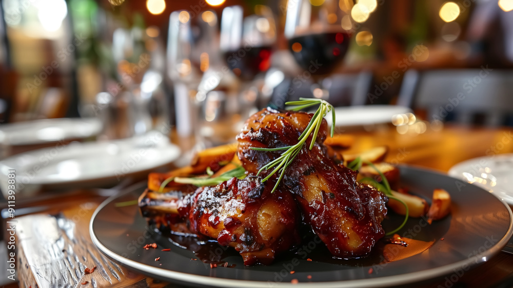 Delicious Barbecue Ribs with Rosemary Garnish on Elegant Plate in Cozy Restaurant Setting with Wine Glasses Delicious Barbecue Ribs with Rosemary Garnish on Elegant Plate in Cozy Restaurant Setting with Wine Glasses