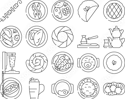 turkish cuisine food dinner icons set vector. restaurant meal, traditional delicious, gourmet dish, table, arab, plate, meat lunch turkish cuisine food dinner black contour illustrations