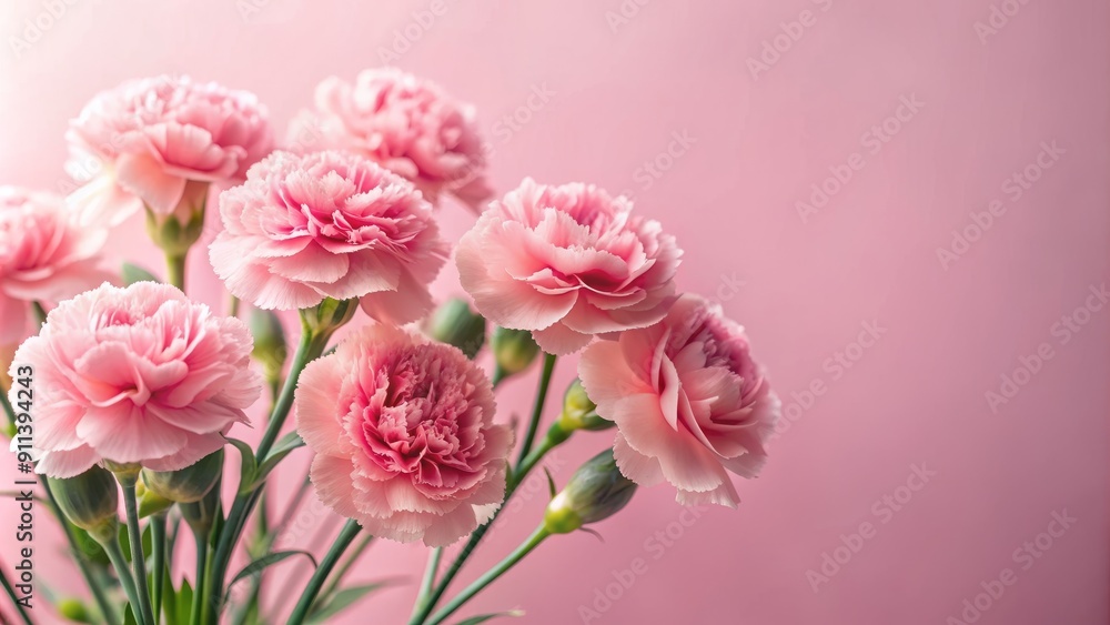 Soft focus pink carnations elegantly arranged on a gentle pastel pink background, providing ample copy space for text or design elements, evoking feelings of love and serenity. Soft focus pink carnations elegantly arranged on a gentle pastel pink background, providing ample copy space for text or design elements, evoking feelings of love and serenity.