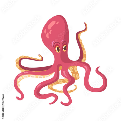 Octopus with tentacles, aquatic cuttlefish flat cartoon creature. Marine animal kraken monster, arms and limbs or suckers. Sea and ocean underwater squid vector illustration