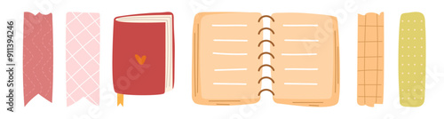 Closed and opened hardcover notebooks with dots, lines and wave cover design. Vector isolated empty blank papers of spiral diary publications. Sheets and bookmarks, knowledge and education