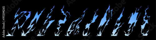 Thunderbolts hitting ground. Vector isolated cartoon set of powerful natural forces. Electric discharge of bolt, game asset for design of weather. Power and force, thunder and lightning