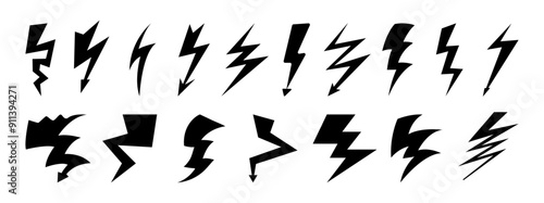 Thunder bolt icons set, burst of light. Vector thunderstroke signs, isolated powerful electrical discharge during thunderstorm. Electric flash sign collection. Various strike lightning symbols