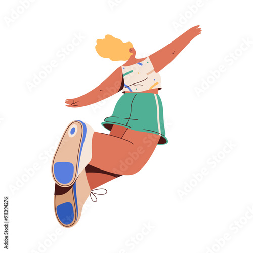 Cheerful personage overflowing with emotion and excitement flying and jumping from happiness. Vector flat cartoon character rising hands and bouncing, moving or lifting girl