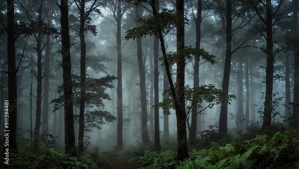 It's a misty forest with tall, slender trees and green ferns on the ground. It's a misty forest with tall, slender trees and green ferns on the ground.
