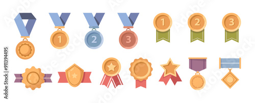 Medallions and awards for winning competitions and challenges. Vector isolated set of gold, silver and bronze triumph prizes for winners. Victory of sports events or contest for professionals