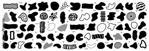 Organic abstract shape blobs and blots silhouettes. Vector isolated set of flat fluid form shapeless spots, outlines and scribbles with texture and wavy lines. Ovals and squares, rectangles
