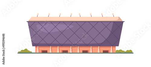 Sport stadium front view of flat cartoon arena, football field or tennis court. Vector city arena exterior illustration, building construction of soccer house or swimming pool, international arena