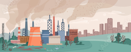 Power generation plant with smokestack, electricity generation industrial construction heavy industry. Vector factory or manufacturing building with chimneys emitting smoke, city skyline on background
