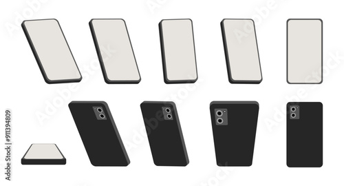 Mobile phone presentation, isolated smartphone with empty screen for mockup or advertisement. Vector gadget with copy space on display in different angles. Cellphone high quality device UI UX