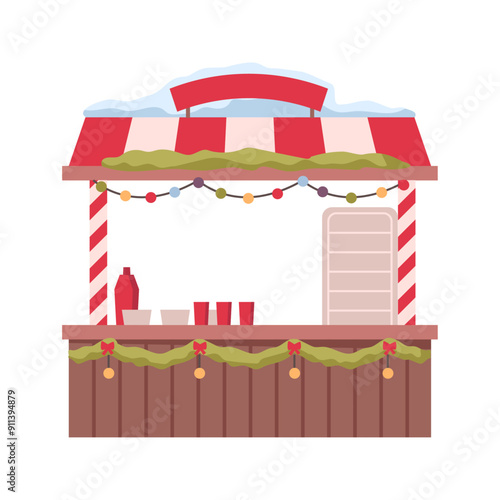 Fast Food hot drinks market stall decorated with New Year garlands and balls. Vector illustration of marketplace booth with mulled wine and takeaway snacks. Winter holiday stall with snow on roof