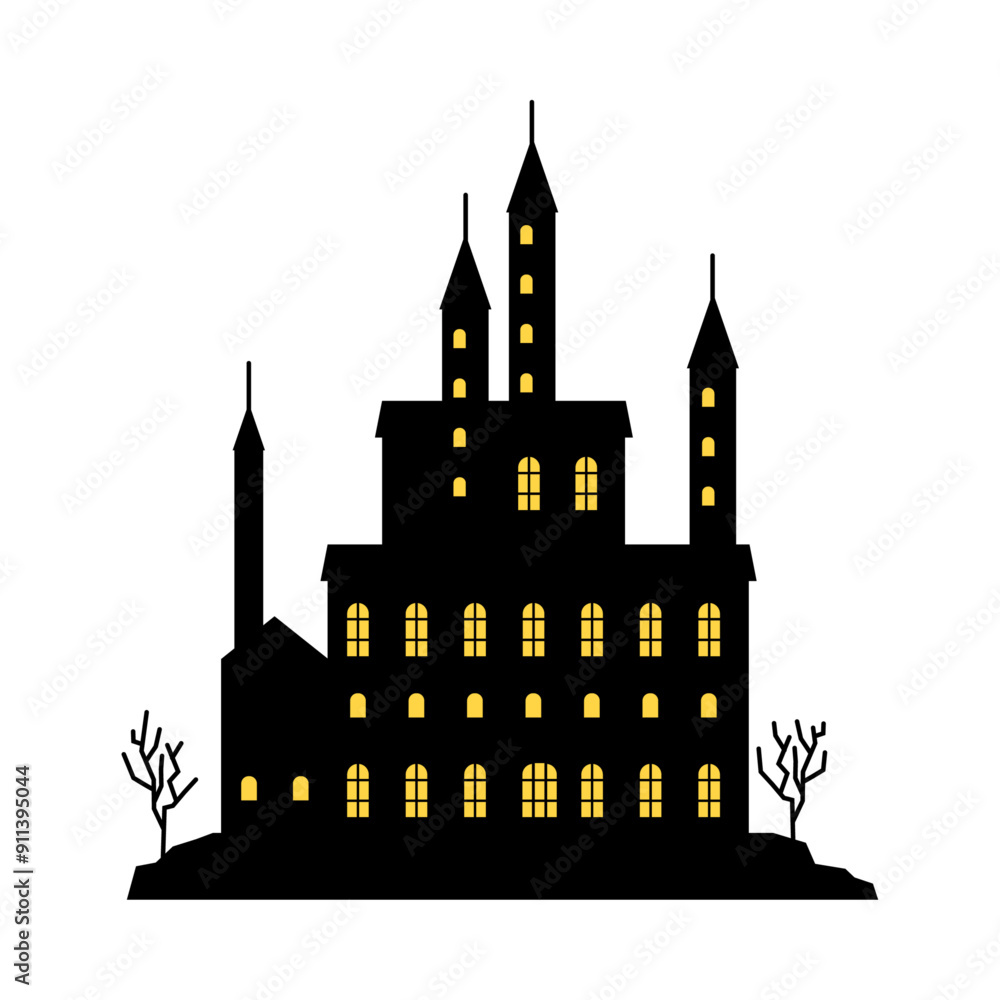 Fototapeta premium Vintage old castle silhouette with lights in rooms. Vector isolated Halloween haunted house. Dark atmosphere mansion with bare trees in garden. Gothic fortress or building architecture design