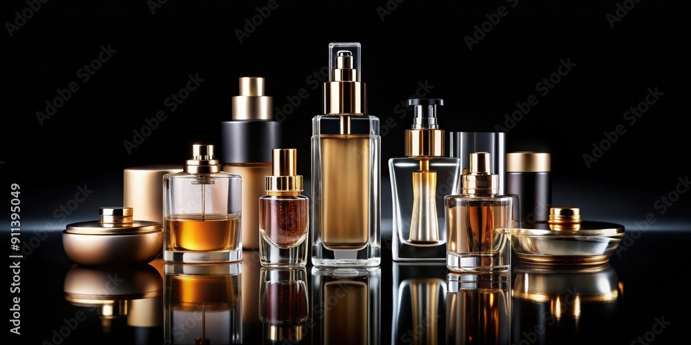 A bottle of luxurious perfume and cosmetic products on a sleek black background, fragrance, beauty, skincare A bottle of luxurious perfume and cosmetic products on a sleek black background, fragrance, beauty, skincare