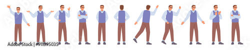 Male character actions and interactions at work. Vector isolated man talking and gesturing, expressing emotions and feelings during conversation. Angry or confused, thoughtful or glad emotion