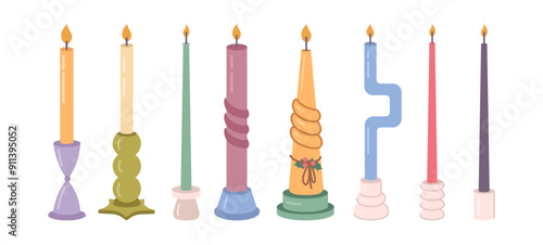 Variety of wax or paraffin candles on candlesticks. Vector isolated set of home decoration and accessories. Romantic or atmospheric design for apartment or dwelling. Handmade craft item