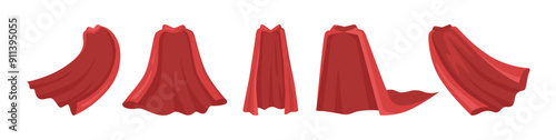 Costume of hero or superhero. Vector isolated set of red capes or cloaks, uniform for man or woman. Garment for game personage, fairytale heroic character. Apparel for carnival or festival