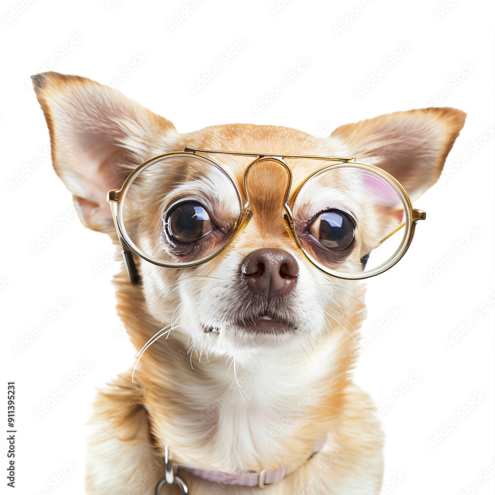 The little dog wearing glasses.