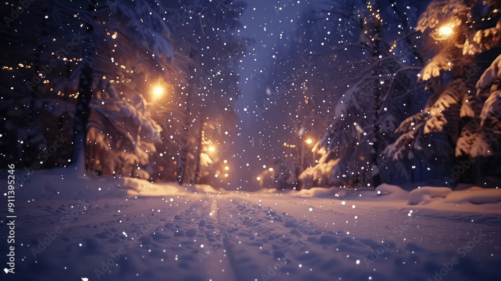 snow falling at night in a snowy dark forest with lights and stars snow falling at night in a snowy dark forest with lights and stars