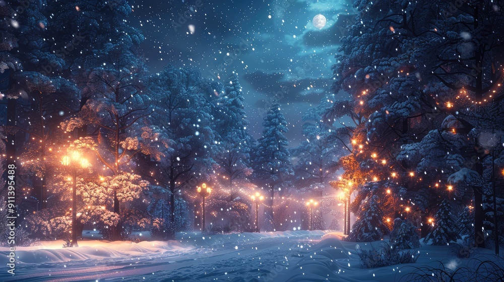 snow falling at night in a snowy dark forest with lights and stars snow falling at night in a snowy dark forest with lights and stars