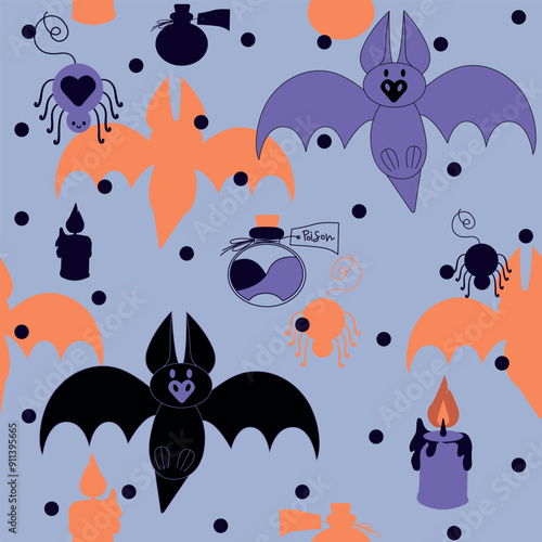 Vector seamless halloween pattern with large and small bats, candles, spiders and poison bottles on a purple polka dot background, featuring vibrant purple and orange colors, festive decoration