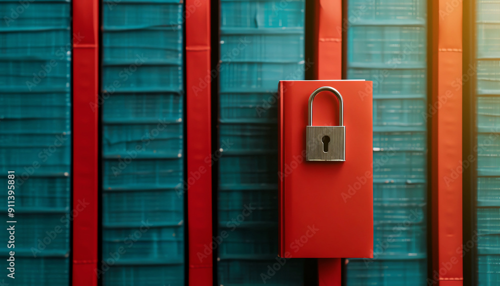 Red padlock secured on a colorful teal wall, symbolizing security and protection in modern design. Red padlock secured on a colorful teal wall, symbolizing security and protection in modern design.