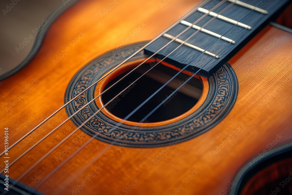 Close-up of the guitar's soundhole, with the strings and part of the body visible. Close-up of the guitar's soundhole, with the strings and part of the body visible.